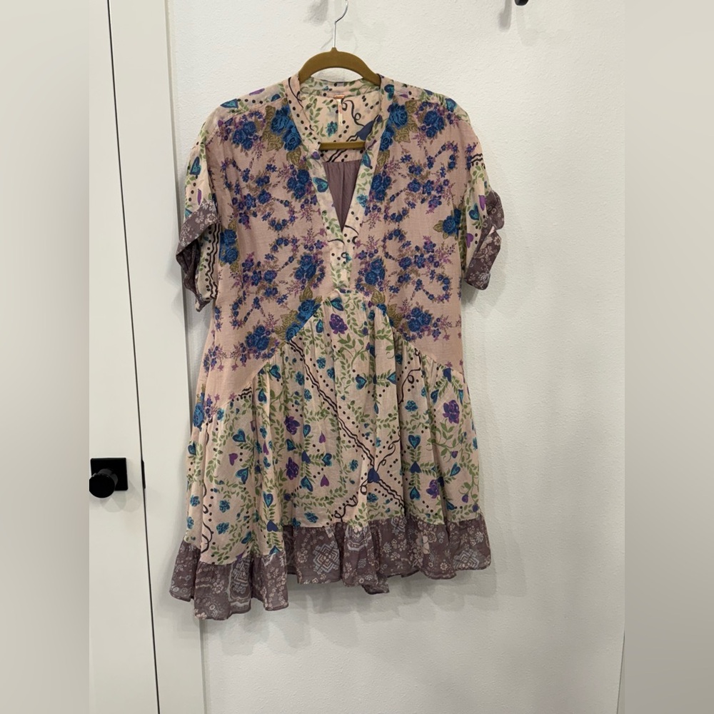 Free People Floral Patchwork Mini Dress - Pink and Blue
